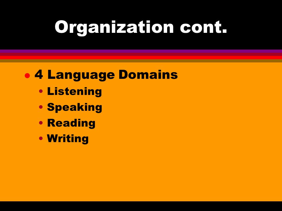 Organization cont. l 4 Language Domains Listening Speaking Reading Writing