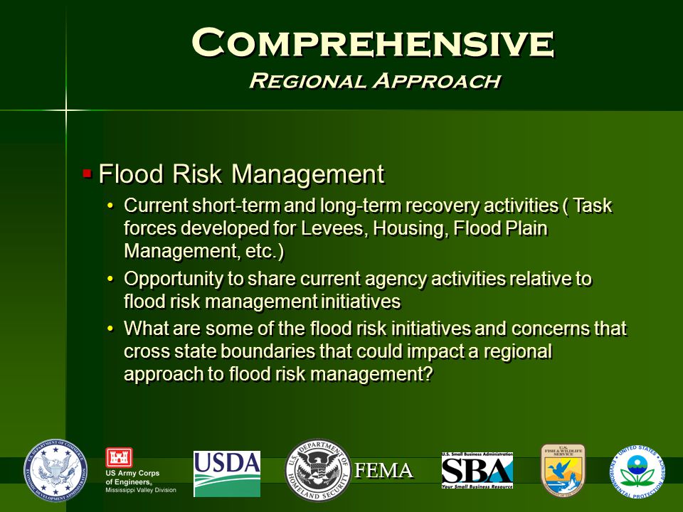 FEMA Comprehensive Regional Approach Comprehensive Regional Approach  Flood Risk Management Current short-term and long-term recovery activities ( Task forces developed for Levees, Housing, Flood Plain Management, etc.) Opportunity to share current agency activities relative to flood risk management initiatives What are some of the flood risk initiatives and concerns that cross state boundaries that could impact a regional approach to flood risk management.