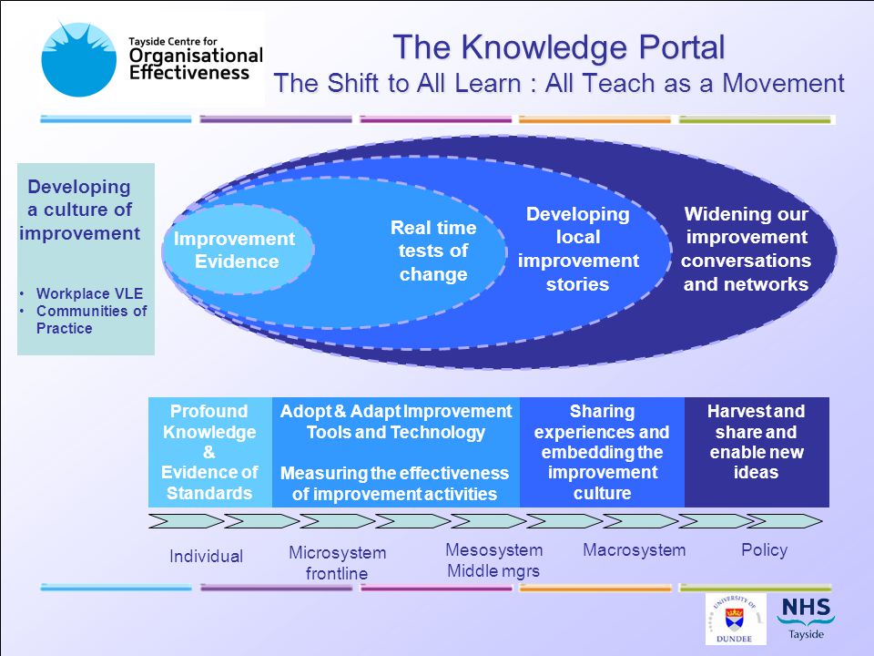The Knowledge Portal The Shift to All Learn : All Teach as a Movement Developing local improvement stories Widening our improvement conversations and networks Profound Knowledge & Evidence of Standards Adopt & Adapt Improvement Tools and Technology Harvest and share and enable new ideas Sharing experiences and embedding the improvement culture Measuring the effectiveness of improvement activities Individual Microsystem frontline Mesosystem Middle mgrs MacrosystemPolicy Real time tests of change Improvement Evidence Workplace VLE Communities of Practice Developing a culture of improvement
