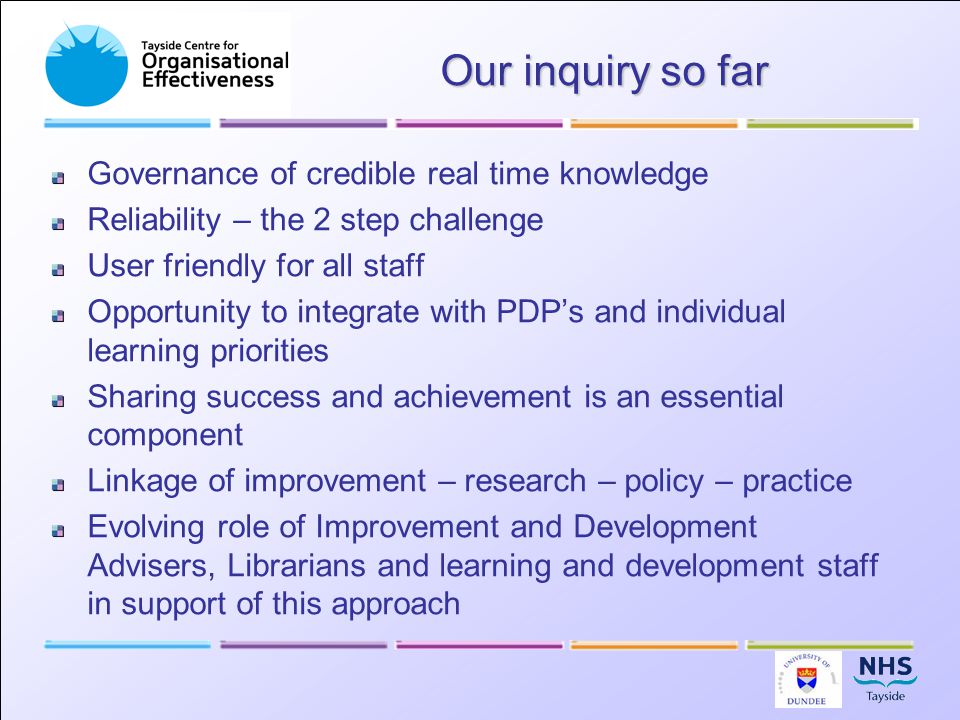 Our inquiry so far Governance of credible real time knowledge Reliability – the 2 step challenge User friendly for all staff Opportunity to integrate with PDP’s and individual learning priorities Sharing success and achievement is an essential component Linkage of improvement – research – policy – practice Evolving role of Improvement and Development Advisers, Librarians and learning and development staff in support of this approach