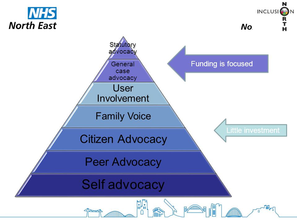 Statutory advocacy General case advocacy User Involvement Family Voice Citizen Advocacy Peer Advocacy Self advocacy Funding is focused Little investment