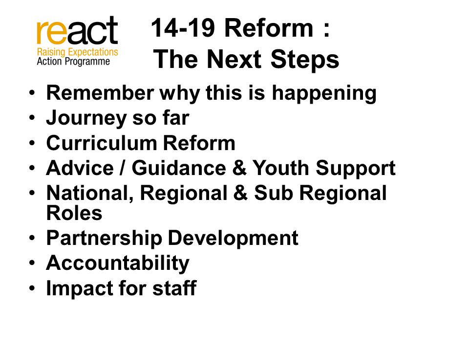 14-19 Reform : The Next Steps Remember why this is happening Journey so far Curriculum Reform Advice / Guidance & Youth Support National, Regional & Sub Regional Roles Partnership Development Accountability Impact for staff
