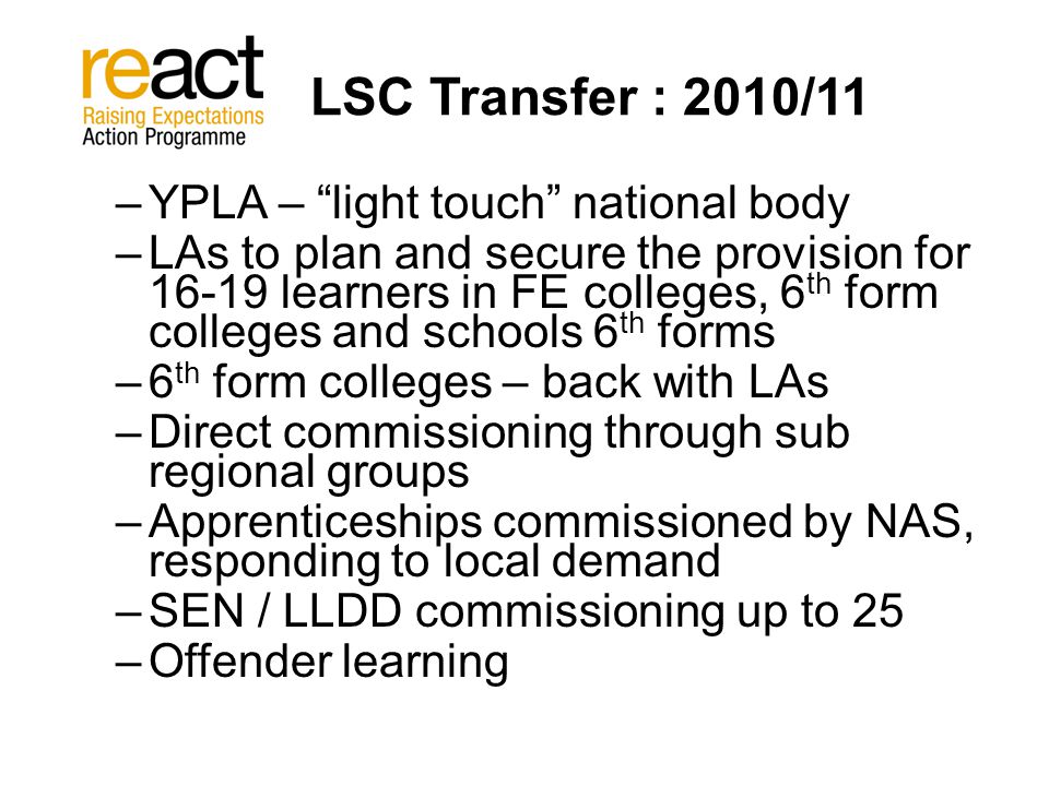 LSC Transfer : 2010/11 –YPLA – light touch national body –LAs to plan and secure the provision for learners in FE colleges, 6 th form colleges and schools 6 th forms –6 th form colleges – back with LAs –Direct commissioning through sub regional groups –Apprenticeships commissioned by NAS, responding to local demand –SEN / LLDD commissioning up to 25 –Offender learning