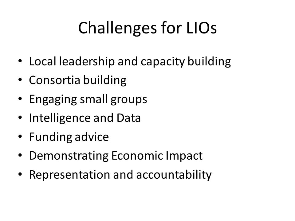 Challenges for LIOs Local leadership and capacity building Consortia building Engaging small groups Intelligence and Data Funding advice Demonstrating Economic Impact Representation and accountability
