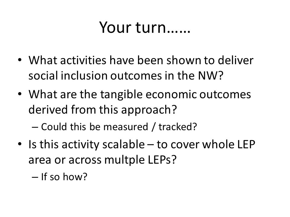 Your turn…… What activities have been shown to deliver social inclusion outcomes in the NW.
