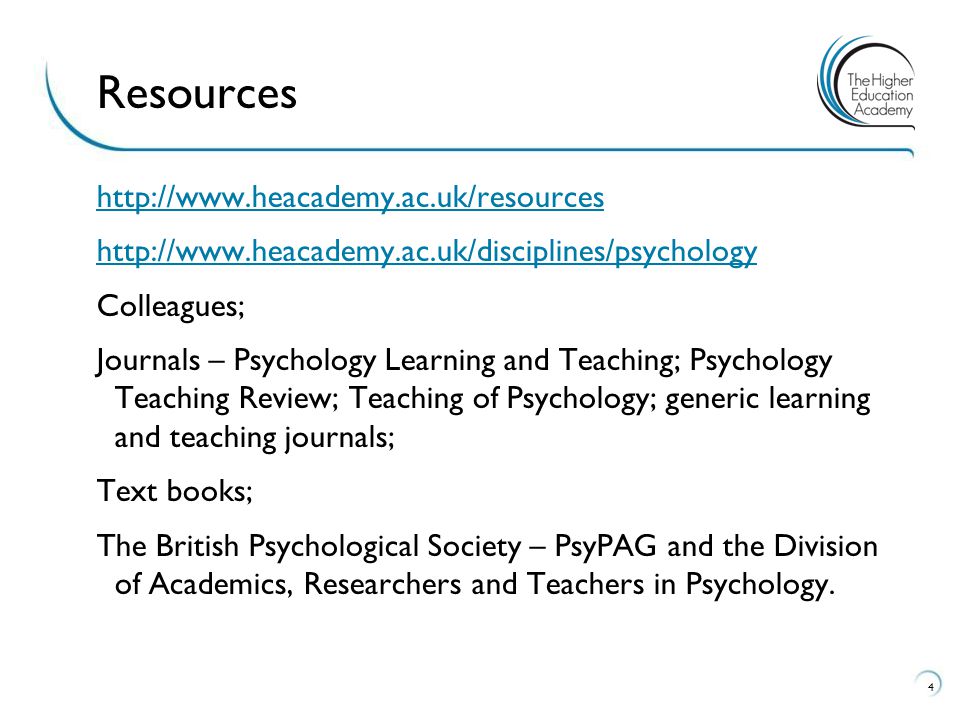 Colleagues; Journals – Psychology Learning and Teaching; Psychology Teaching Review; Teaching of Psychology; generic learning and teaching journals; Text books; The British Psychological Society – PsyPAG and the Division of Academics, Researchers and Teachers in Psychology.