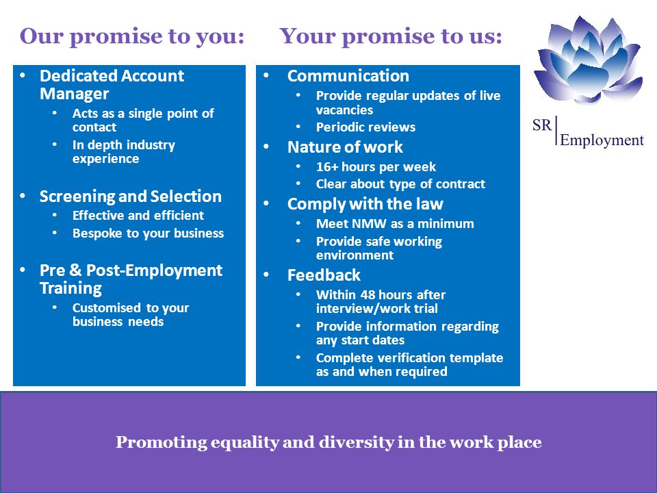Promoting equality and diversity in the work place Our promise to you: Dedicated Account Manager Acts as a single point of contact In depth industry experience Screening and Selection Effective and efficient Bespoke to your business Pre & Post-Employment Training Customised to your business needs Communication Provide regular updates of live vacancies Periodic reviews Nature of work 16+ hours per week Clear about type of contract Comply with the law Meet NMW as a minimum Provide safe working environment Feedback Within 48 hours after interview/work trial Provide information regarding any start dates Complete verification template as and when required Your promise to us: