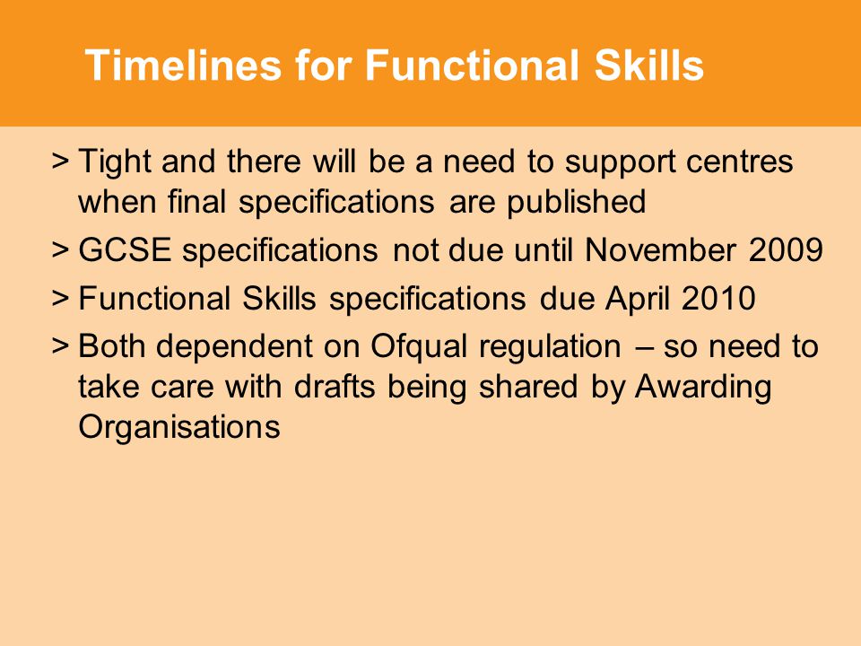Timelines for Functional Skills >Tight and there will be a need to support centres when final specifications are published >GCSE specifications not due until November 2009 >Functional Skills specifications due April 2010 >Both dependent on Ofqual regulation – so need to take care with drafts being shared by Awarding Organisations