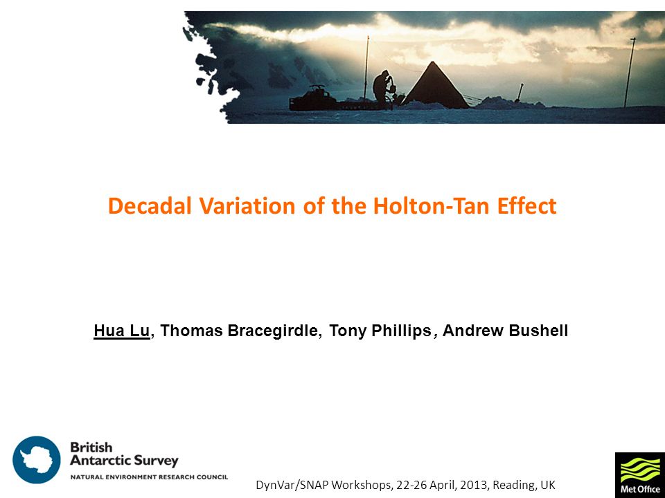 Decadal Variation of the Holton-Tan Effect Hua Lu, Thomas Bracegirdle, Tony Phillips, Andrew Bushell DynVar/SNAP Workshops, April, 2013, Reading, UK
