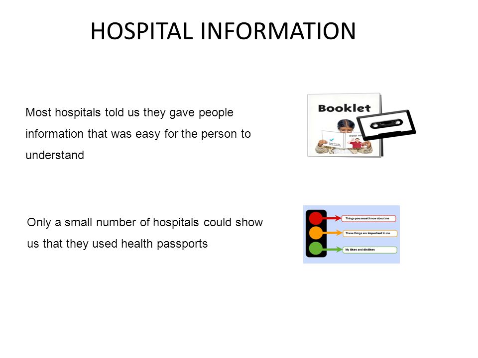 HOSPITAL INFORMATION Most hospitals told us they gave people information that was easy for the person to understand Only a small number of hospitals could show us that they used health passports