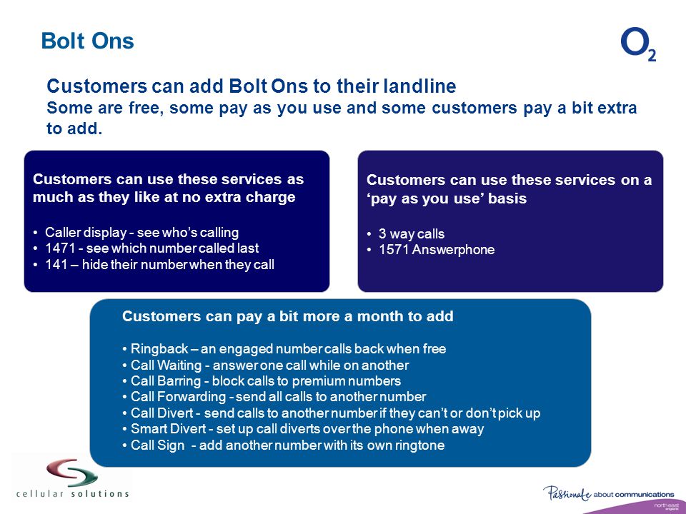 Bolt Ons Customers can add Bolt Ons to their landline Some are free, some pay as you use and some customers pay a bit extra to add.