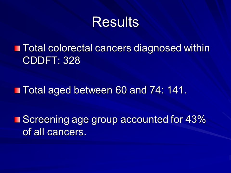 Results Total colorectal cancers diagnosed within CDDFT: 328 Total aged between 60 and 74: 141.