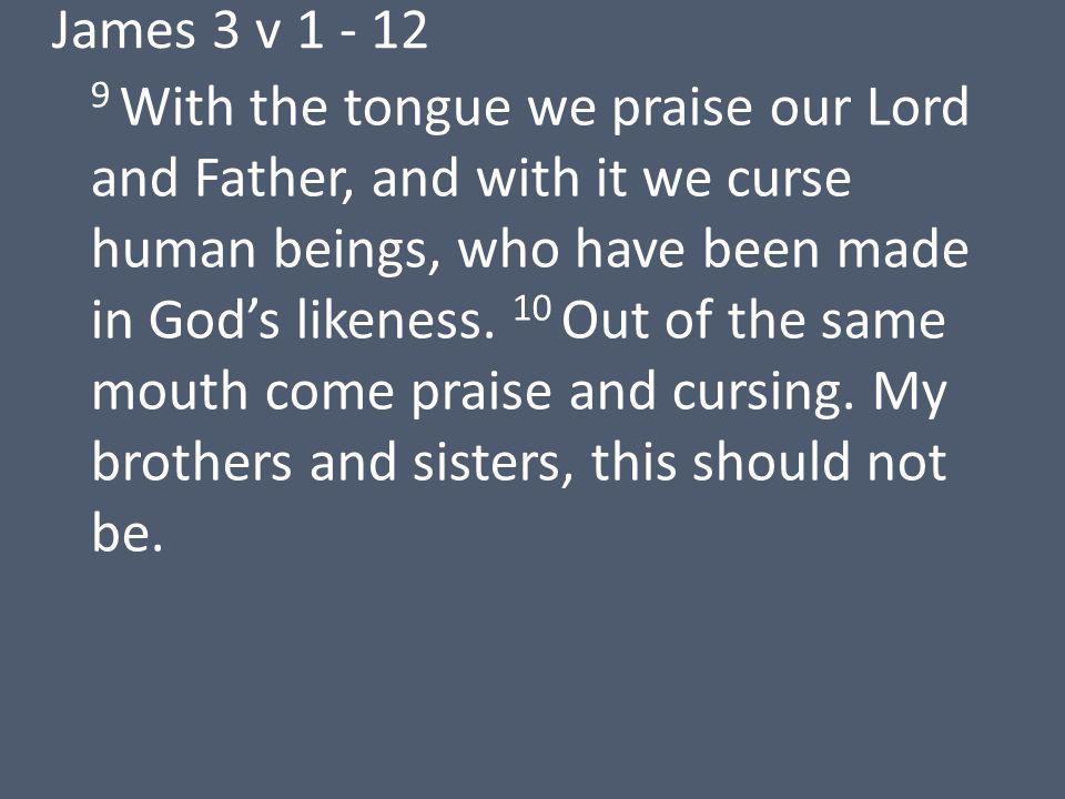 James 3 v With the tongue we praise our Lord and Father, and with it we curse human beings, who have been made in God’s likeness.