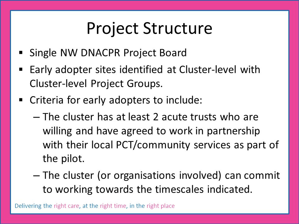 Delivering the right care, at the right time, in the right place Project Structure  Single NW DNACPR Project Board  Early adopter sites identified at Cluster-level with Cluster-level Project Groups.