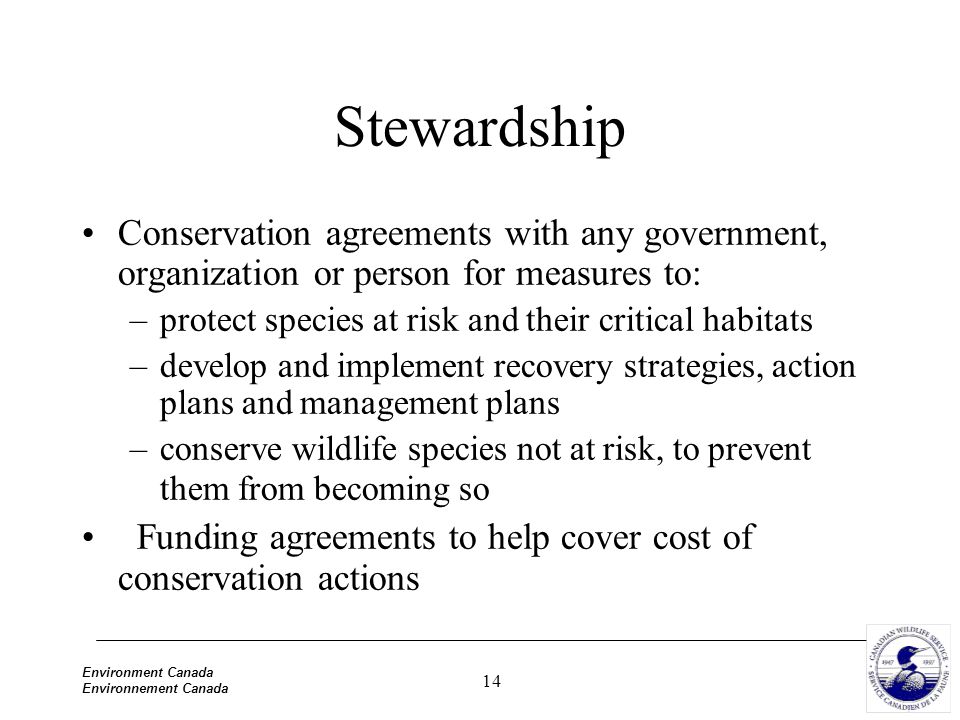 14 Environment Canada Environnement Canada Stewardship Conservation agreements with any government, organization or person for measures to: –protect species at risk and their critical habitats –develop and implement recovery strategies, action plans and management plans –conserve wildlife species not at risk, to prevent them from becoming so Funding agreements to help cover cost of conservation actions