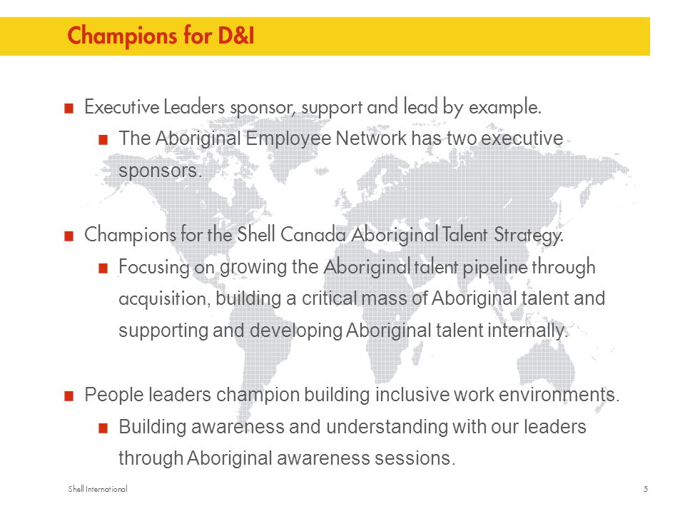 5Shell International Champions for D&I Executive Leaders sponsor, support and lead by example.