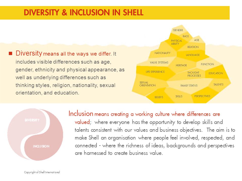 Copyright of Shell International DIVERSITY & INCLUSION IN SHELL Inclusion means creating a working culture where differences are valued; where everyone has the opportunity to develop skills and talents consistent with our values and business objectives.