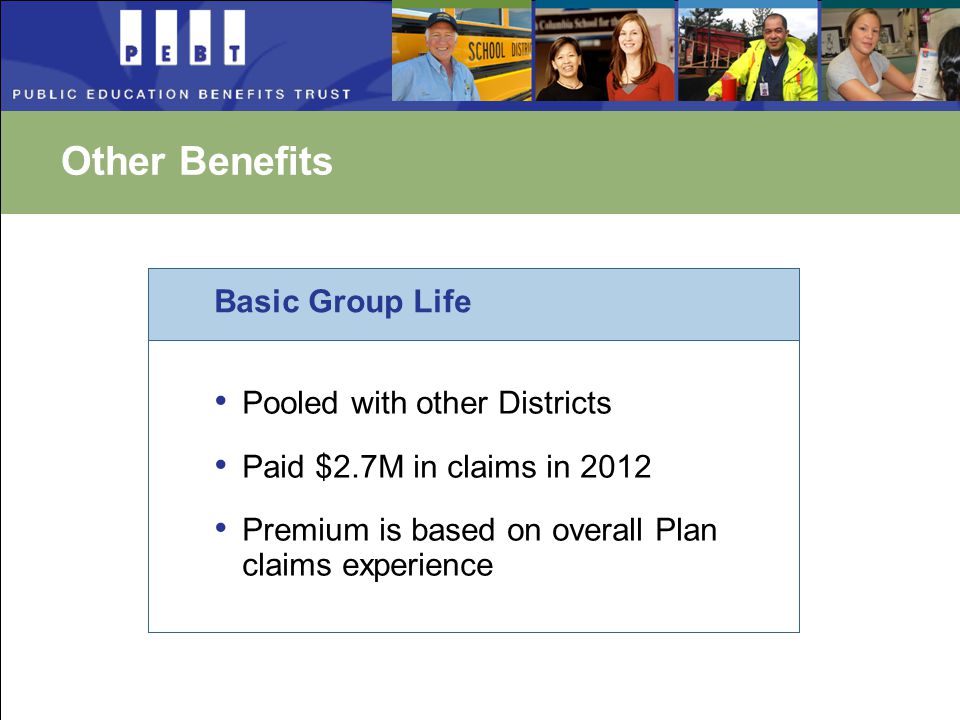 Other Benefits Basic Group Life Pooled with other Districts Paid $2.7M in claims in 2012 Premium is based on overall Plan claims experience
