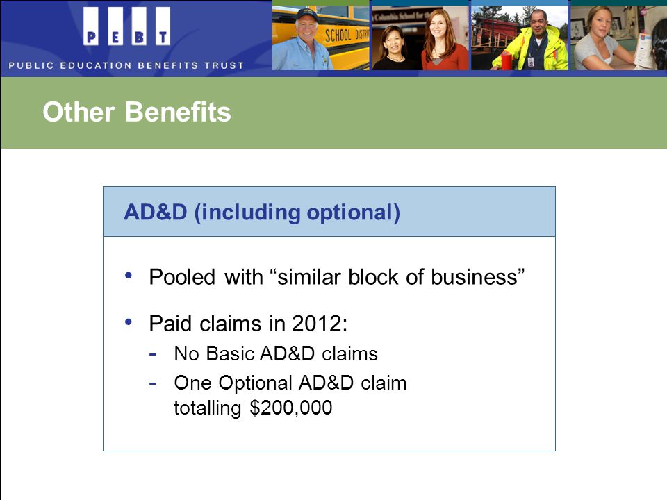 Other Benefits AD&D (including optional) Pooled with similar block of business Paid claims in 2012: - No Basic AD&D claims - One Optional AD&D claim totalling $200,000
