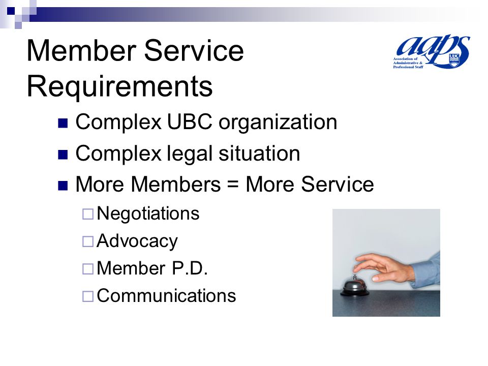 Member Service Requirements Complex UBC organization Complex legal situation More Members = More Service  Negotiations  Advocacy  Member P.D.