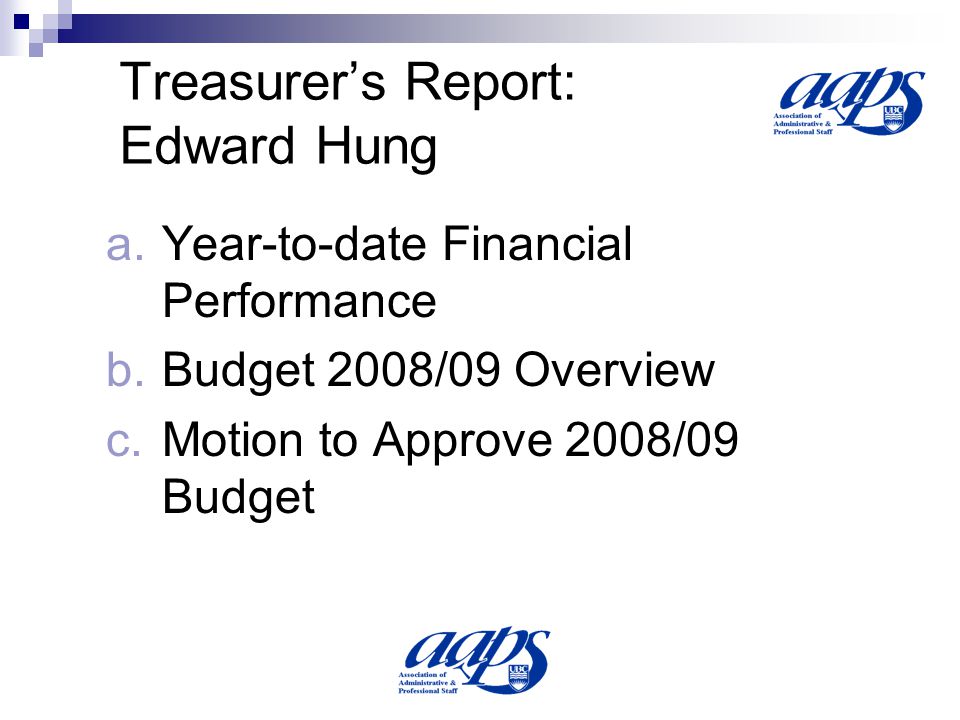 Treasurer’s Report: Edward Hung a.Year-to-date Financial Performance b.Budget 2008/09 Overview c.Motion to Approve 2008/09 Budget