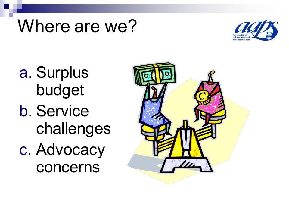 Where are we a.Surplus budget b.Service challenges c.Advocacy concerns
