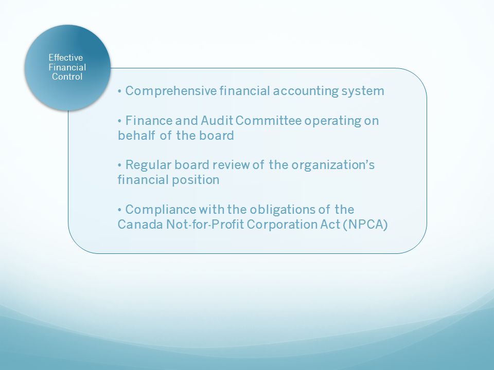 Comprehensive financial accounting system Finance and Audit Committee operating on behalf of the board Regular board review of the organization’s financial position Compliance with the obligations of the Canada Not-for-Profit Corporation Act (NPCA) Effective Financial Control