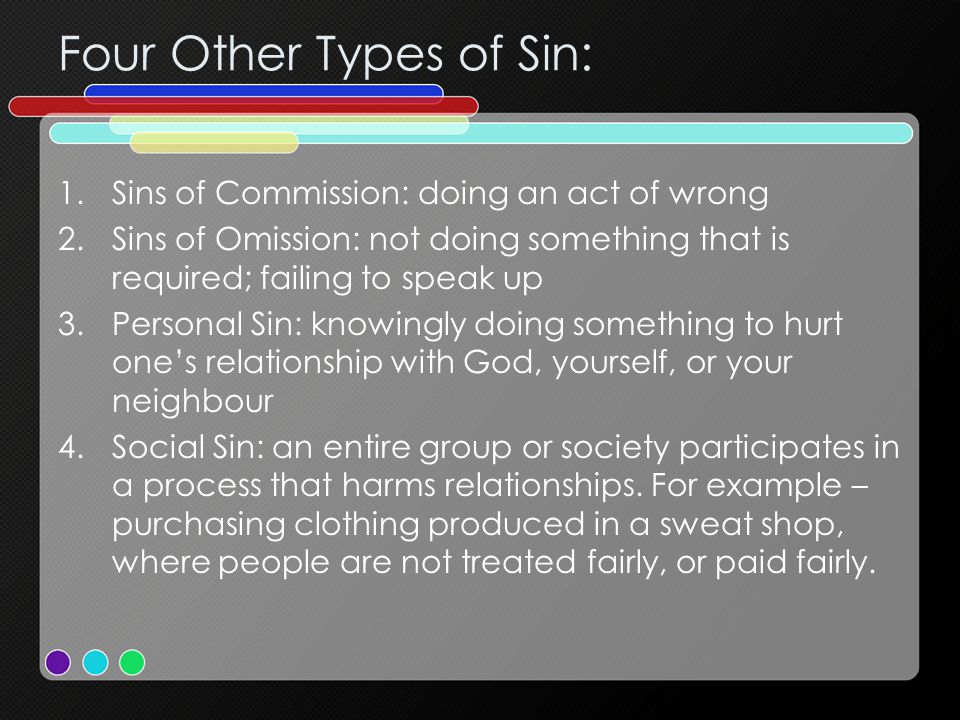 Four Other Types of Sin: 1.Sins of Commission: doing an act of wrong 2.Sins of Omission: not doing something that is required; failing to speak up 3.Personal Sin: knowingly doing something to hurt one’s relationship with God, yourself, or your neighbour 4.Social Sin: an entire group or society participates in a process that harms relationships.
