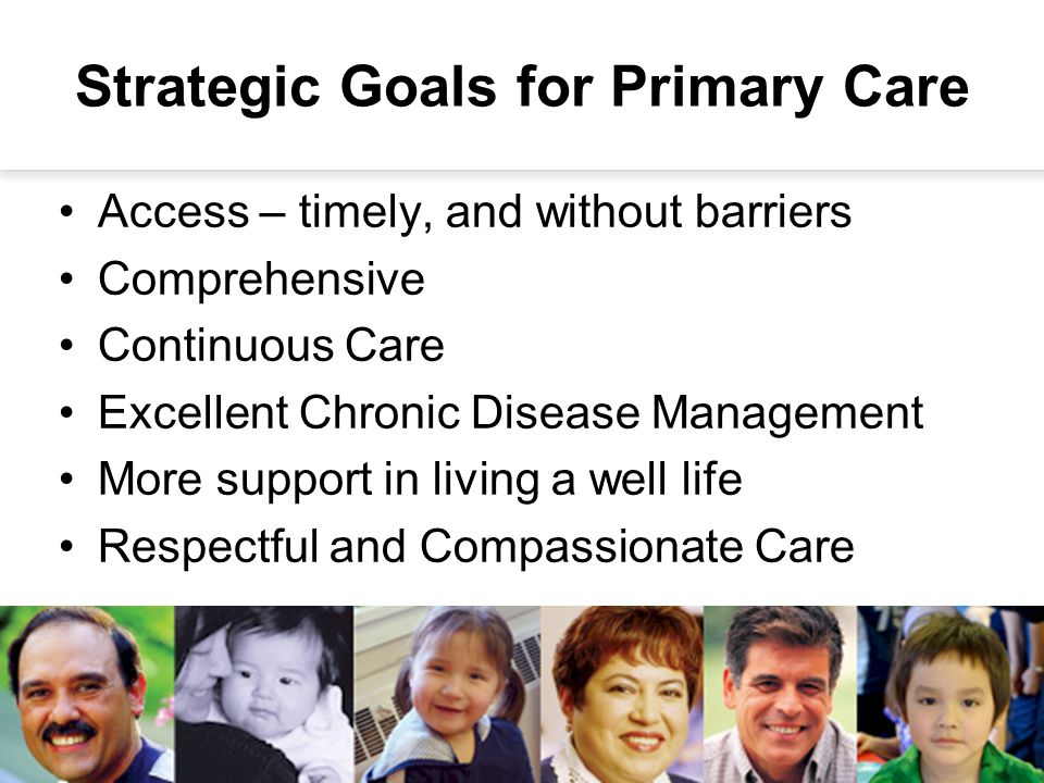 Strategic Goals for Primary Care Access – timely, and without barriers Comprehensive Continuous Care Excellent Chronic Disease Management More support in living a well life Respectful and Compassionate Care