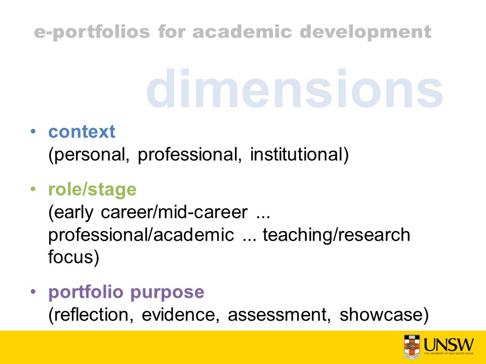 e-portfolios for academic development dimensions context (personal, professional, institutional) role/stage (early career/mid-career...