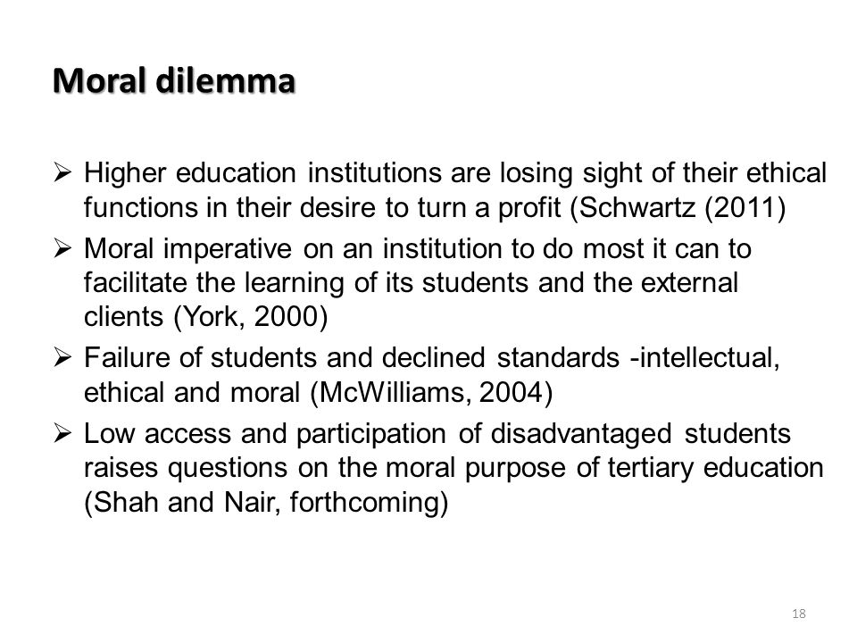 Moral dilemma  Higher education institutions are losing sight of their ethical functions in their desire to turn a profit (Schwartz (2011)  Moral imperative on an institution to do most it can to facilitate the learning of its students and the external clients (York, 2000)  Failure of students and declined standards -intellectual, ethical and moral (McWilliams, 2004)  Low access and participation of disadvantaged students raises questions on the moral purpose of tertiary education (Shah and Nair, forthcoming) 18