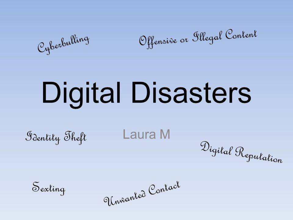 Digital Disasters Laura M Cyberbulling Digital Reputation Identity Theft Offensive or Illegal Content Sexting Unwanted Contact