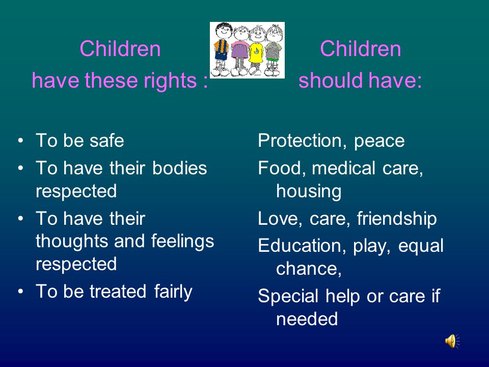 Children have these rights : To be safe To have their bodies respected To have their thoughts and feelings respected To be treated fairly Children should have: Protection, peace Food, medical care, housing Love, care, friendship Education, play, equal chance, Special help or care if needed