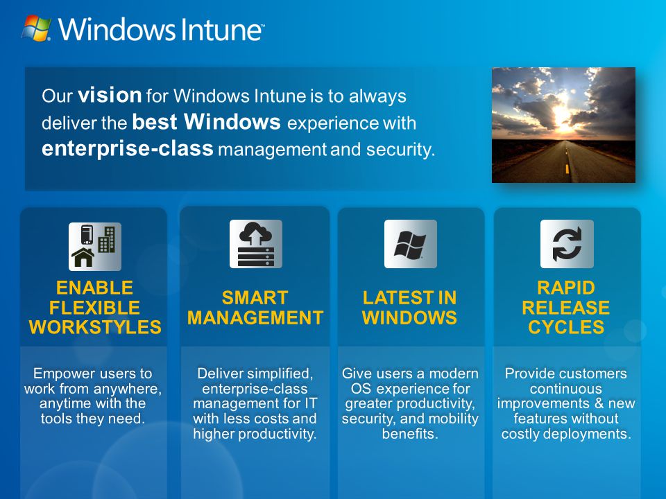 Our vision for Windows Intune is to always deliver the best Windows experience with enterprise-class management and security.