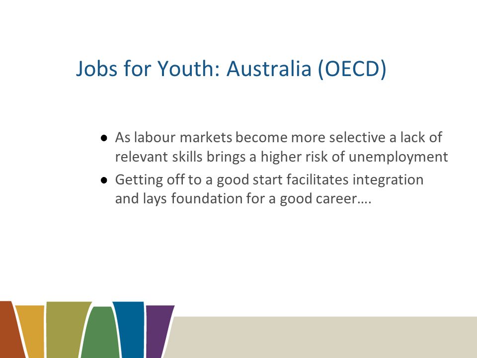 Jobs for Youth: Australia (OECD) As labour markets become more selective a lack of relevant skills brings a higher risk of unemployment Getting off to a good start facilitates integration and lays foundation for a good career….