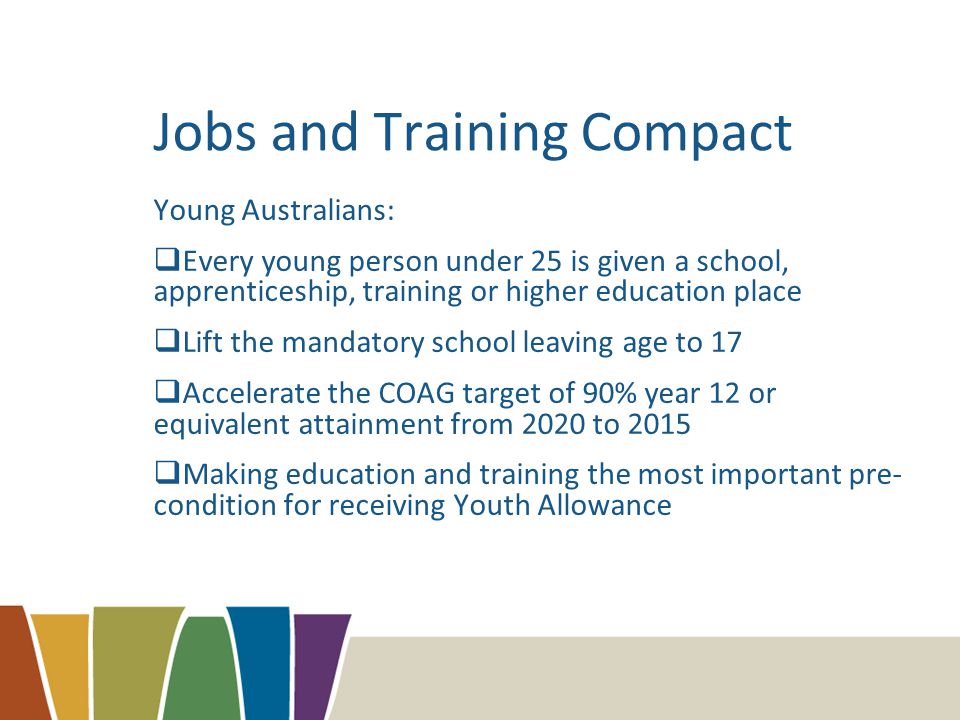Jobs and Training Compact Young Australians:  Every young person under 25 is given a school, apprenticeship, training or higher education place  Lift the mandatory school leaving age to 17  Accelerate the COAG target of 90% year 12 or equivalent attainment from 2020 to 2015  Making education and training the most important pre- condition for receiving Youth Allowance