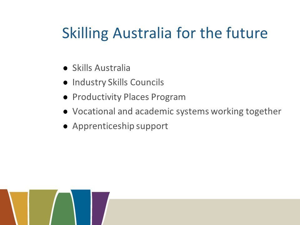Skilling Australia for the future Skills Australia Industry Skills Councils Productivity Places Program Vocational and academic systems working together Apprenticeship support