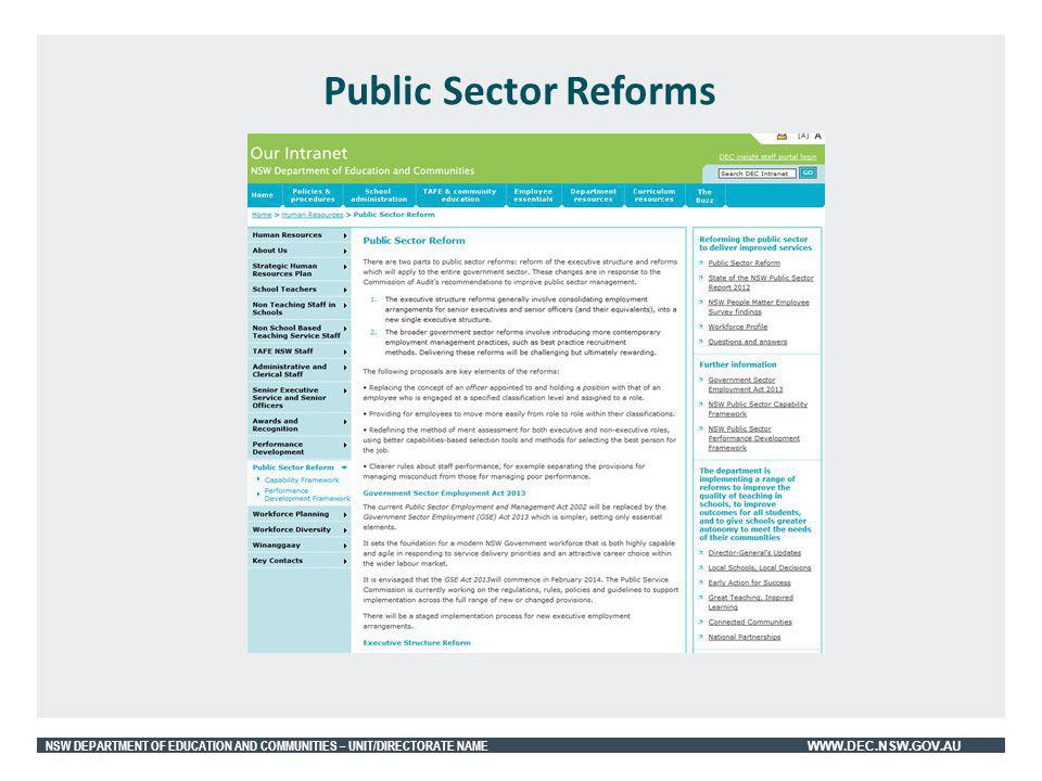 NSW DEPARTMENT OF EDUCATION AND COMMUNITIES – UNIT/DIRECTORATE NAME   Public Sector Reforms