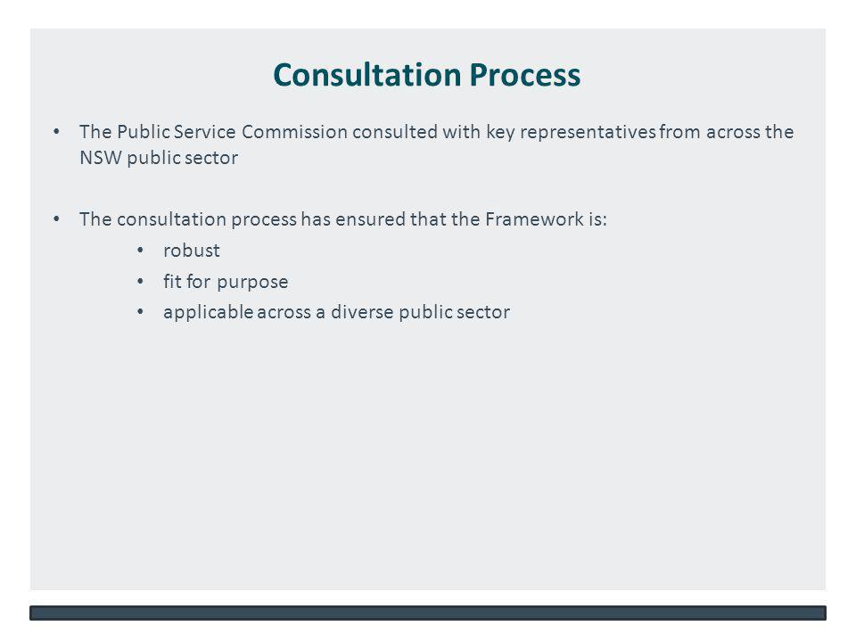 NSW DEPARTMENT OF EDUCATION AND COMMUNITIES – UNIT/DIRECTORATE NAME   Consultation Process The Public Service Commission consulted with key representatives from across the NSW public sector The consultation process has ensured that the Framework is: robust fit for purpose applicable across a diverse public sector