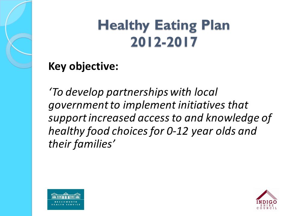 Healthy Eating Plan Key objective: ‘To develop partnerships with local government to implement initiatives that support increased access to and knowledge of healthy food choices for 0-12 year olds and their families’