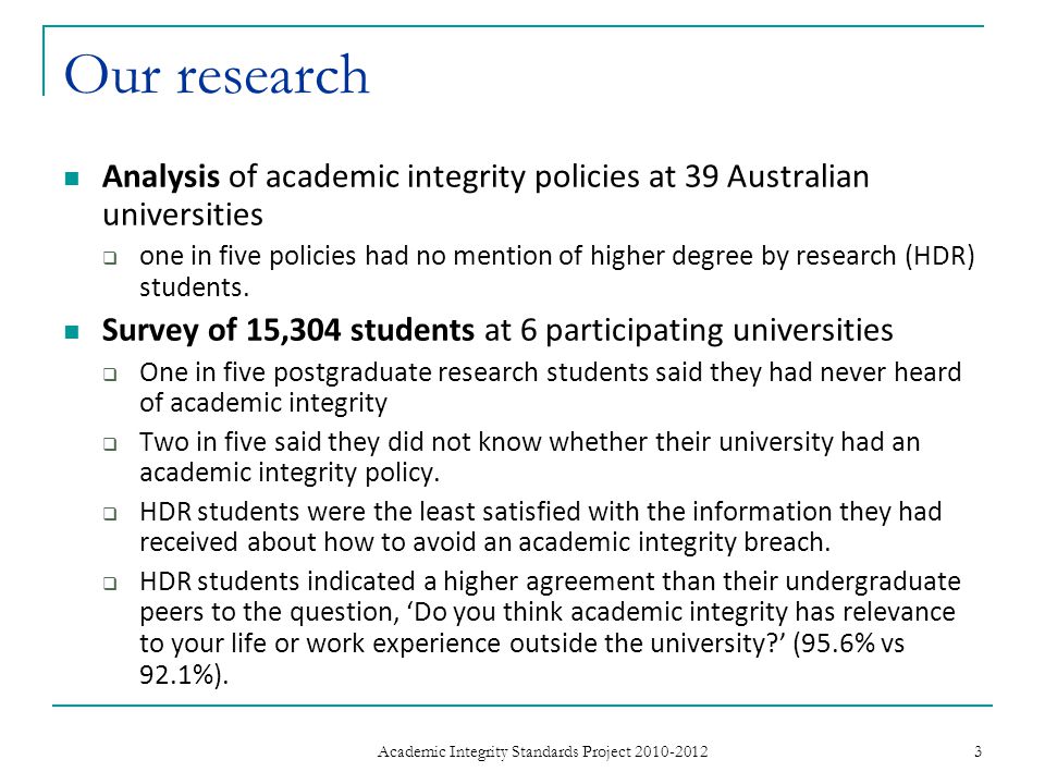 Our research Analysis of academic integrity policies at 39 Australian universities  one in five policies had no mention of higher degree by research (HDR) students.