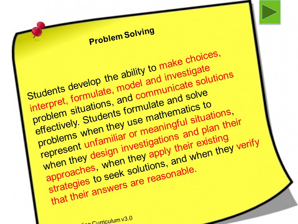 Problem Solving As per Australian Curriculum v3.0 Students develop the ability to make choices, interpret, formulate, model and investigate problem situations, and communicate solutions effectively.