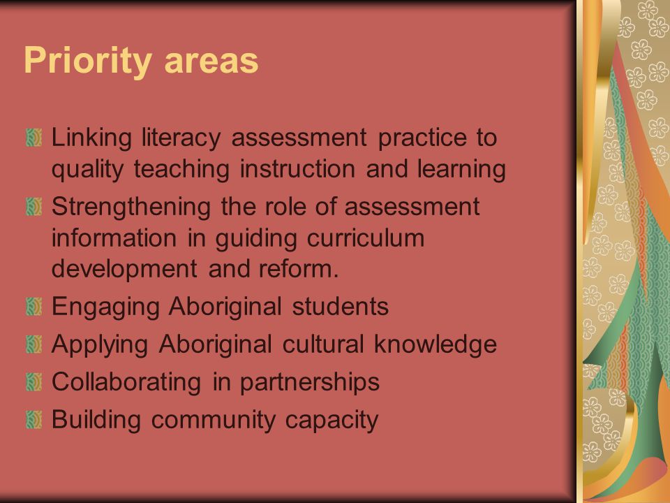 Priority areas Linking literacy assessment practice to quality teaching instruction and learning Strengthening the role of assessment information in guiding curriculum development and reform.