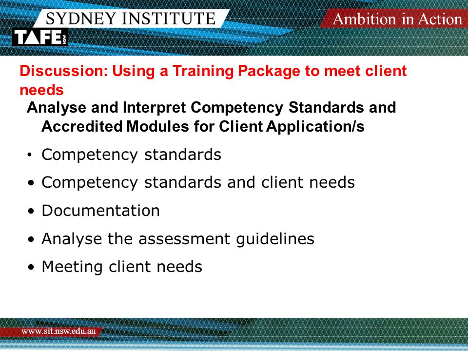 Ambition in Action   Discussion: Using a Training Package to meet client needs Analyse and Interpret Competency Standards and Accredited Modules for Client Application/s Competency standards Competency standards and client needs Documentation Analyse the assessment guidelines Meeting client needs