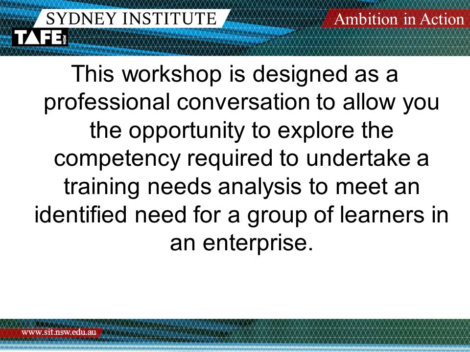 Ambition in Action   This workshop is designed as a professional conversation to allow you the opportunity to explore the competency required to undertake a training needs analysis to meet an identified need for a group of learners in an enterprise.