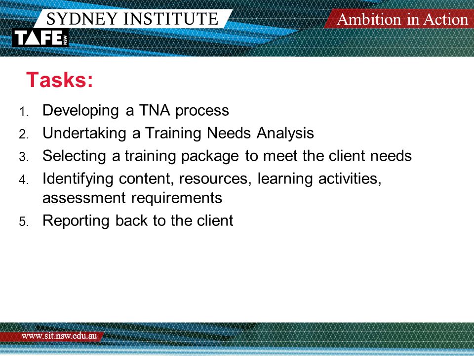 Ambition in Action   Tasks: 1. Developing a TNA process 2.