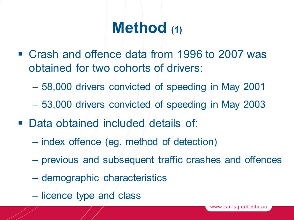 Method (1)  Crash and offence data from 1996 to 2007 was obtained for two cohorts of drivers:  58,000 drivers convicted of speeding in May 2001  53,000 drivers convicted of speeding in May 2003  Data obtained included details of: –index offence (eg.