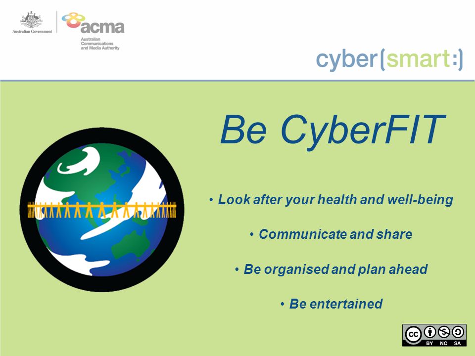 Be CyberFIT Look after your health and well-being Communicate and share Be organised and plan ahead Be entertained