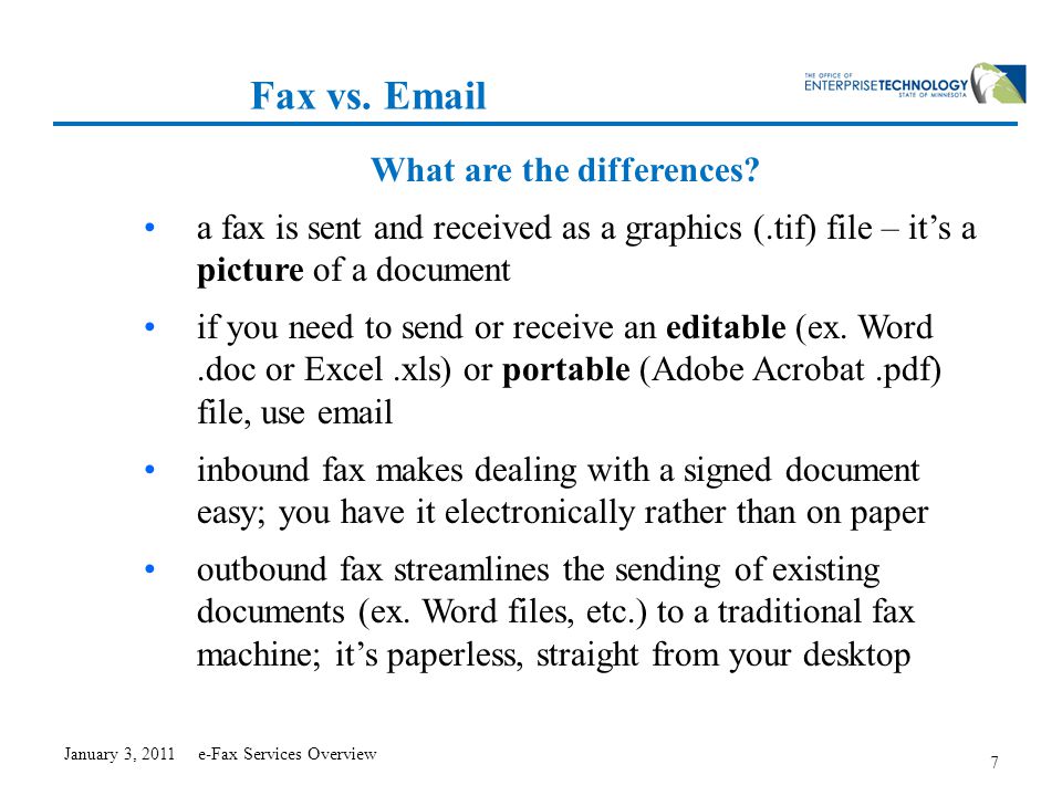January 3, 2011 e-Fax Services Overview 1 e-Fax Services Overview  Enterprise Fax Service from the Office of Enterprise Technology. - ppt  download
