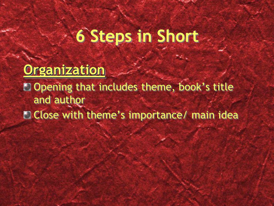 6 Steps in Short Organization Opening that includes theme, book’s title and author Close with theme’s importance/ main ideaOrganization Opening that includes theme, book’s title and author Close with theme’s importance/ main idea